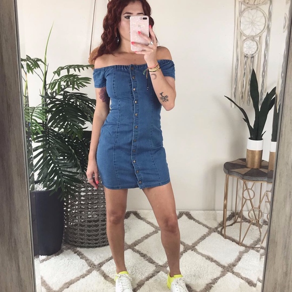 off- shoulder denim mini dress - Picture 1 of 2